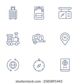 Travel icons set. Thin Line style, editable stroke. backpack, caravan, compass, gate, hotel, passport, suitcase, train, worldwide.