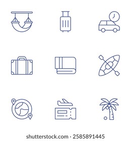 Travel icons set. Thin Line style, editable stroke. arrival, canoe, coconut tree, hammock, luggage, suitcase, towel, travel.