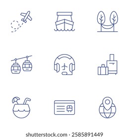 Travel icons set. Thin Line style, editable stroke. airplane, cable car, coconut drink, ferry boat, hammock, headset, luggage, member card, placeholder.