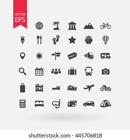 Travel icons set. Tourism signs collection. Vacation symbols isolated on white background. Flat design style