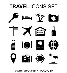 Travel icons set and tourism symbols. Silhouette signs. Vector illustration
