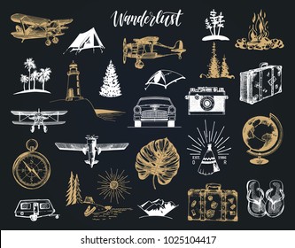 Travel icons set. Touristic drawn illustrations collection. Outdoor adventures symbols. Wanderlust hand lettering in vector.