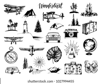 Travel icons set. Touristic drawn illustrations collection. Outdoor adventures symbols. Wanderlust hand lettering in vector.