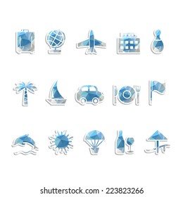 Travel icons set with triangles pattern. Vector illustration.