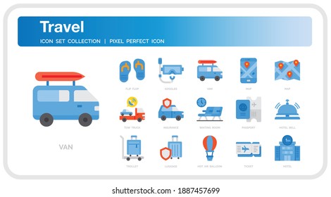 Reisesymbole festlegen. UI Pixel Perfect Gut gestaltete Vector Thin Line Icons. Die Illustrationen sind ein Vektor.