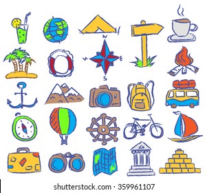 Travel icons set. Vector doodle sketch. Stock illustration for design