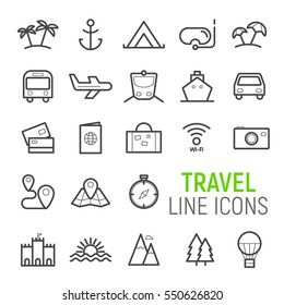 Travel icons set. Vector flat line illustrations.