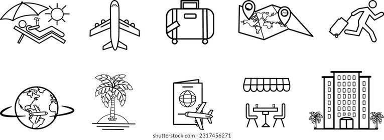 Travel Icons Set. Vector Illustrations of Man on the Beach, Man Hurrying with Luggage, Plane, Land, Hotel, Cafe, Bag, and Map