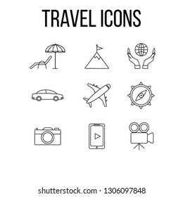 Travel icons set vector,  vacation graphic symbol isolated on white.