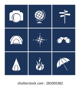 Travel icons set. Vector white on dark background vector illustrations