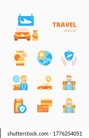 TRAVEL icons set for webpage, application, card, printing, social media, posts etc.