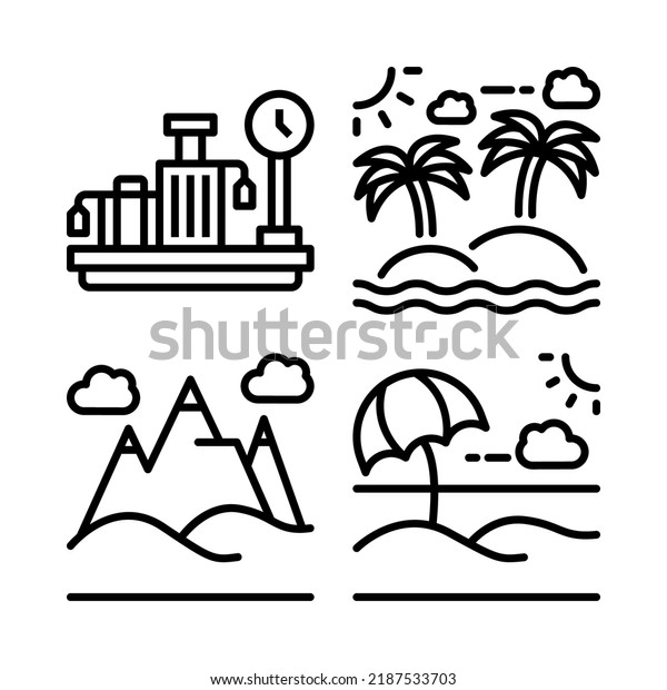 travel icons set = weight scale, island,\
mountain, beach. Perfect for website mobile app, app icons,\
presentation, illustration and any other\
projects