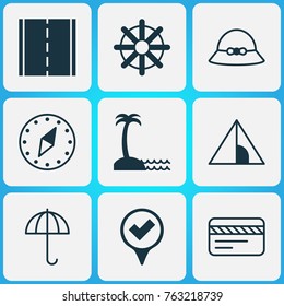 Travel icons set with woman cap, steering wheel, photo camera and other steering wheel elements. Isolated vector illustration travel icons.