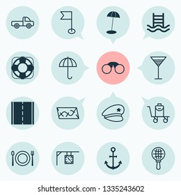 Travel icons set with world exploration, restaurant, roadmap and other basin ladder elements. Isolated vector illustration travel icons.