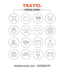 Travel icons. Ship, plane and car transport. Beach umbrella, palms and cocktail. Swimming trunks. Rose or tulip flower. Circle buttons on white. Vector
