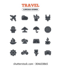 Travel icons. Ship, plane and car transport. Beach umbrella, palms and cocktail. Swimming trunks. Rose or tulip flower. Line icon with black border. Vector