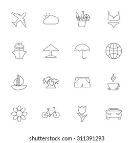 Travel icons. Ship, plane and car transport. Beach umbrella, palms and cocktail. Swimming trunks. Rose or tulip flower. Outline line icons on white background. Vector