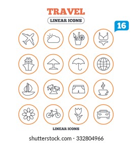 Travel icons. Ship, plane and car transport. Beach umbrella, palms and cocktail. Swimming trunks. Rose or tulip flower. Circle buttons on white. Vector