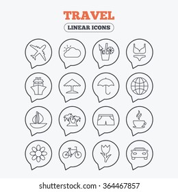 Travel icons. Ship, plane and car transport. Beach umbrella, palms and cocktail. Swimming trunks. Rose or tulip flower. Linear icons in speech bubbles.