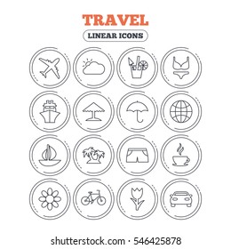 Travel icons. Ship, plane and car transport. Beach umbrella, palms and cocktail. Swimming trunks. Rose or tulip flower. Circle flat buttons with linear icons. Vector