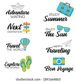 Travel icons and Sticker with lettering elements, vector isolated illustration on white background