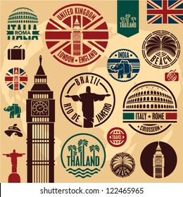 Travel icons. Travel stickers set. Travel stamps collection.