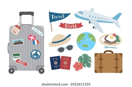 Travel icons such as suitcases and airplanes