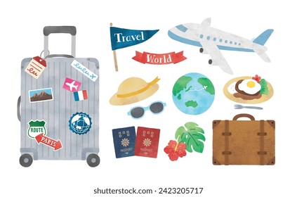 Travel icons such as suitcases and airplanes watercolor