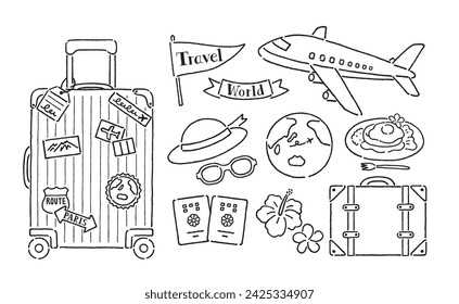 Travel icons such as suitcases and airplanes pen drawing