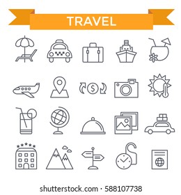 Travel icons, thin line, flat design