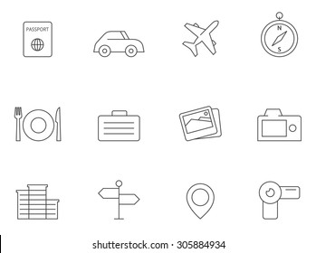 Travel icons in thin outlines. Journey, recreation..
