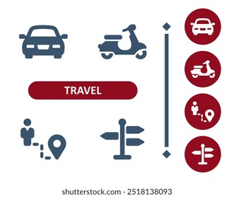 Ícones de viagem. Turismo, carro, scooter, ciclomotor, turista, homem, andando, sinal de estrada, ícone de navegação. Profissional, ícone de vetor perfeito de 32x32 pixels.