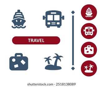 Iconos de viaje. Turismo, crucero, barco, autobús, equipaje, equipaje, isla, icono de playa. Profesional, icono de Vector perfecto de 32x32 píxeles.