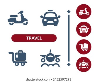 Travel icons. Tourism, scooter, moped, cab, taxi, luggage, baggage, plane, airplane icon. Professional, 32x32 pixel perfect vector icon.