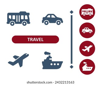 Travel icons. Tourism, vehicle, bus, car, plane, airplane, cruise ship icon. Professional, 32x32 pixel perfect vector icon.