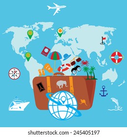 Travel icons with transport and rest attributes