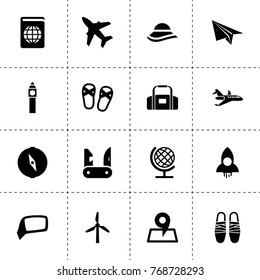 Travel icons. vector collection filled travel icons. includes symbols such as windmill, car mirror, rocket, paper plane, place, flip flops. use for web, mobile and ui design.