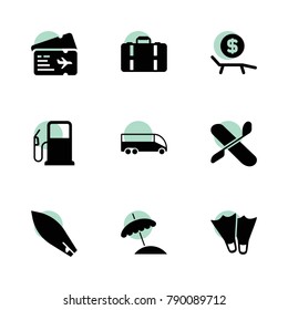 Travel icons. vector collection filled travel icons set.. includes symbols such as plane, boat, lounger rent, flippers, suitcase. use for web, mobile and ui design.