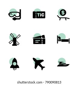 Travel icons. vector collection filled travel icons set.. includes symbols such as windmill, plane, rocket, diving mask, bed, lounger rent. use for web, mobile and ui design.