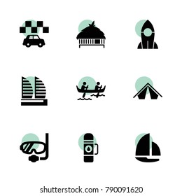 Travel icons. vector collection filled travel icons set.. includes symbols such as taxi, tent, rocket, diving mask, hotel, kayak. use for web, mobile and ui design.