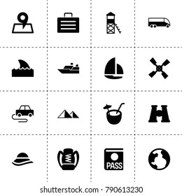 Travel icons. vector collection filled travel icons. includes symbols such as windmill, passport, case, globe, car toy, place, water tower. use for web, mobile and ui design.