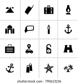 Travel icons. vector collection filled travel icons. includes symbols such as car pin, car mirror, case, binoculars, starfish, anchor. use for web, mobile and ui design.