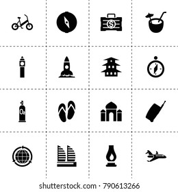 Travel icons. vector collection filled travel icons. includes symbols such as rocket, globe, money case, oxygen scuba, coconut cocktail. use for web, mobile and ui design.