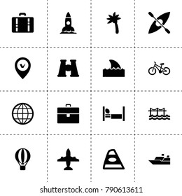 Travel icons. vector collection filled travel icons. includes symbols such as case, rocket, back car light, plane, globe, hot air balloon. use for web, mobile and ui design.