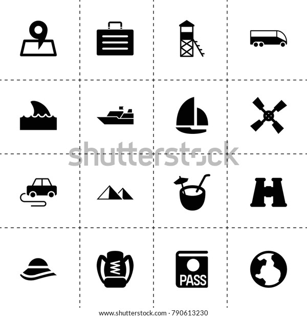 Travel icons. vector\
collection filled travel icons. includes symbols such as windmill,\
passport, case, globe, car toy, place, water tower. use for web,\
mobile and ui design.
