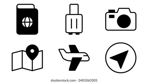 Travel Icons.  Vector Graphics Featuring Designs of passport, suitcase, camera, plane, map, compass. Icon Set in Semi Solid Style