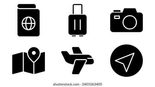 Iconos de viaje.  Gráficos vectores con diseños de pasaporte, maleta, cámara, plano, mapa, brújula. Conjunto de iconos en estilo sólido