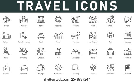 Travel Icons vector illustration with thin line editable stroke contains holiday hotel vacation tourism maps plane passport booking navigation camera taxi relax summer suitcase boat