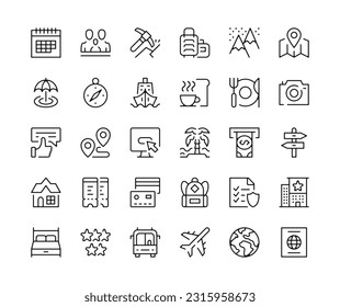 Travel icons. Vector line icons set. Vacation, holidays, hiking, tourism concepts. Black outline stroke symbols