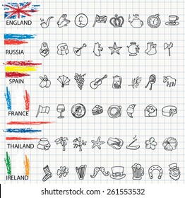 Travel Icons. Vector set. Different country doodle illustration.